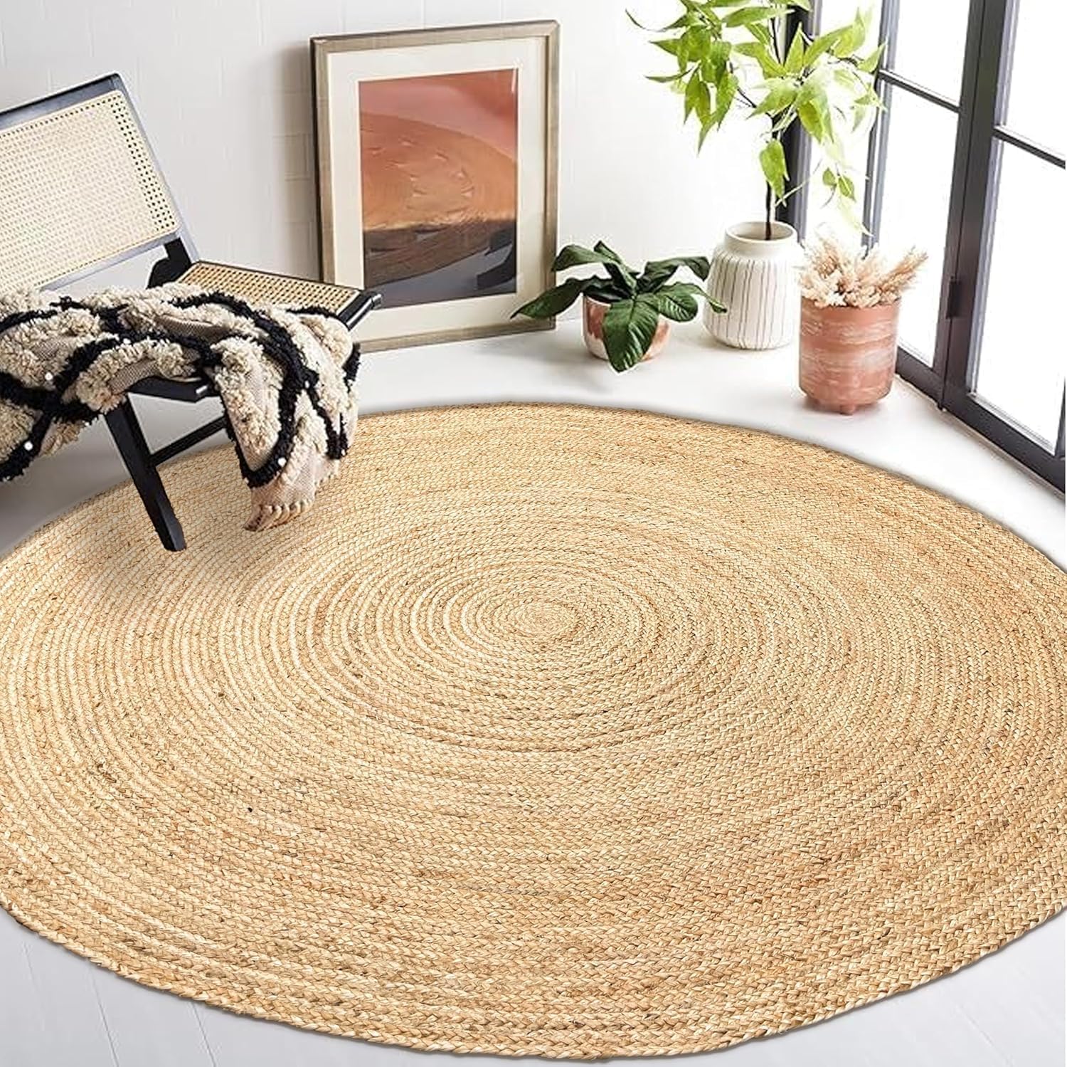 Chardin home Hand Woven Natural Jute Braided Rug – 8' Round | Rustic Boho Farmhouse Reversible Area Rug for Living Room, Dining Room, Nursery, Entryway, Study, or Patio | Solid Natural Fiber Rug